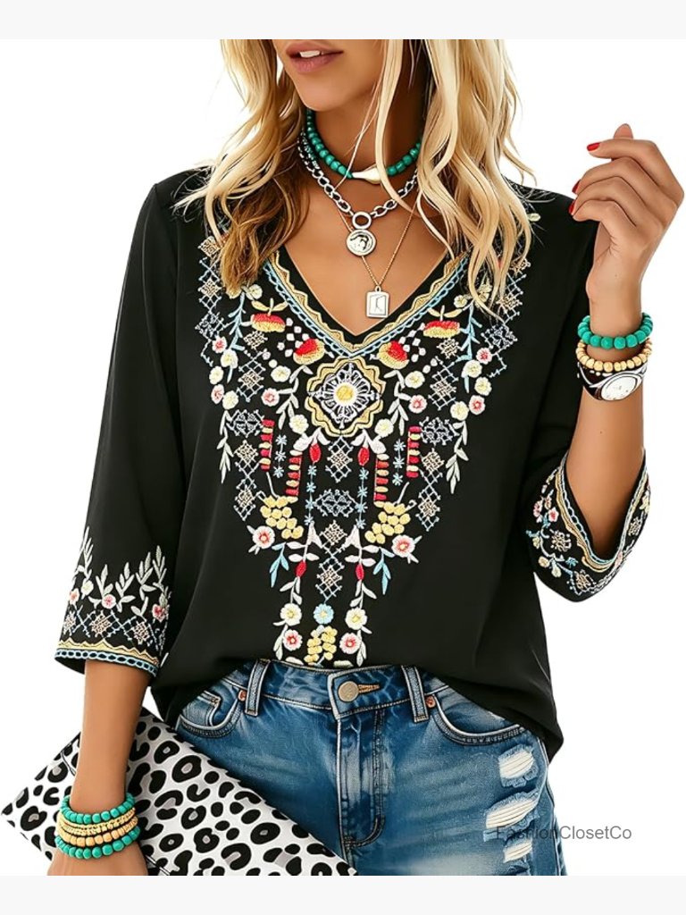 Embroidered Tunic Bohemian Peasant Blouse 3/4 Sleeve Rayon